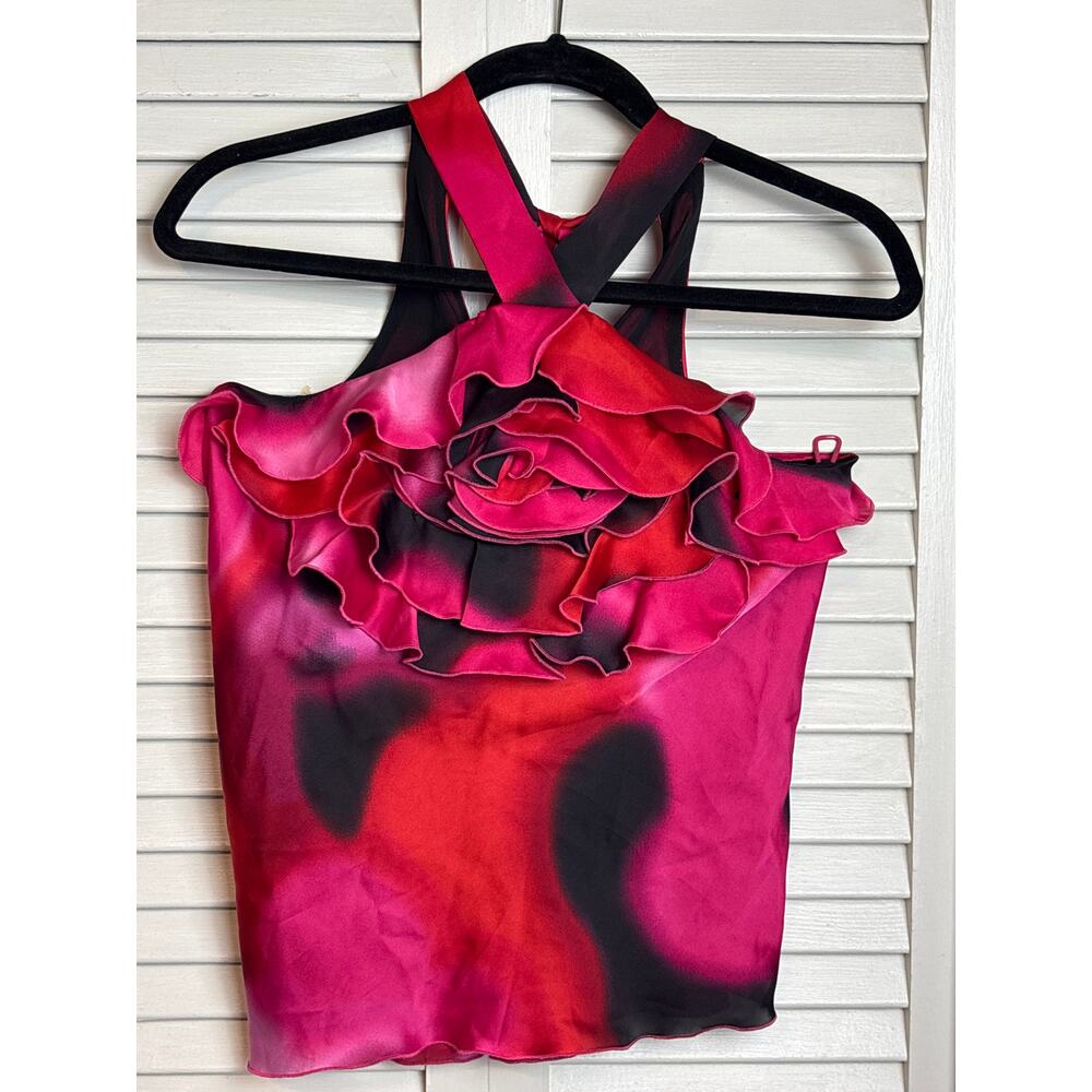 Express Pink Red Floral Ruffle Rosette Halter Neck Top Blouse Women's Size XS